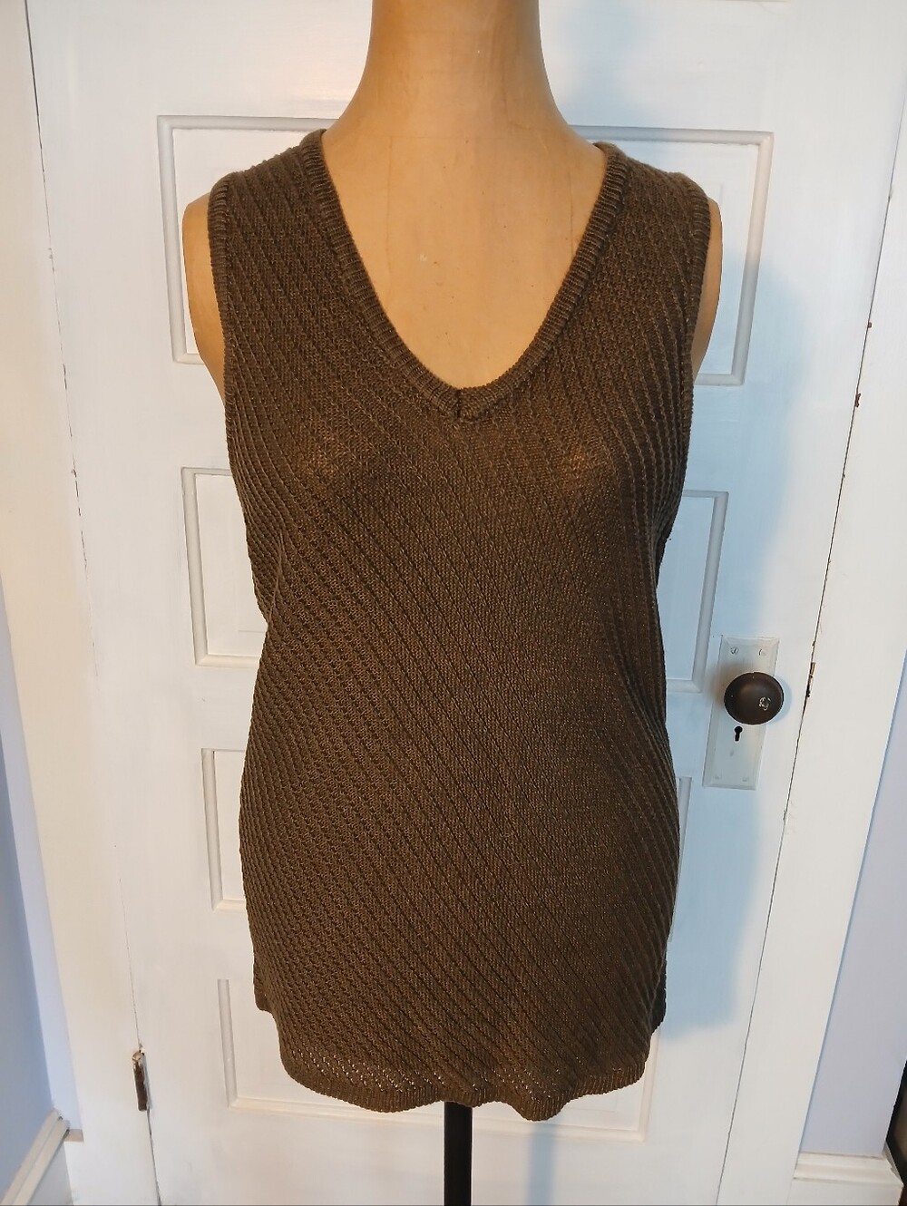 Linen Tank Top Knit V-Neck Sleeveless Sweater Tank - Olive Brown Minimalist L